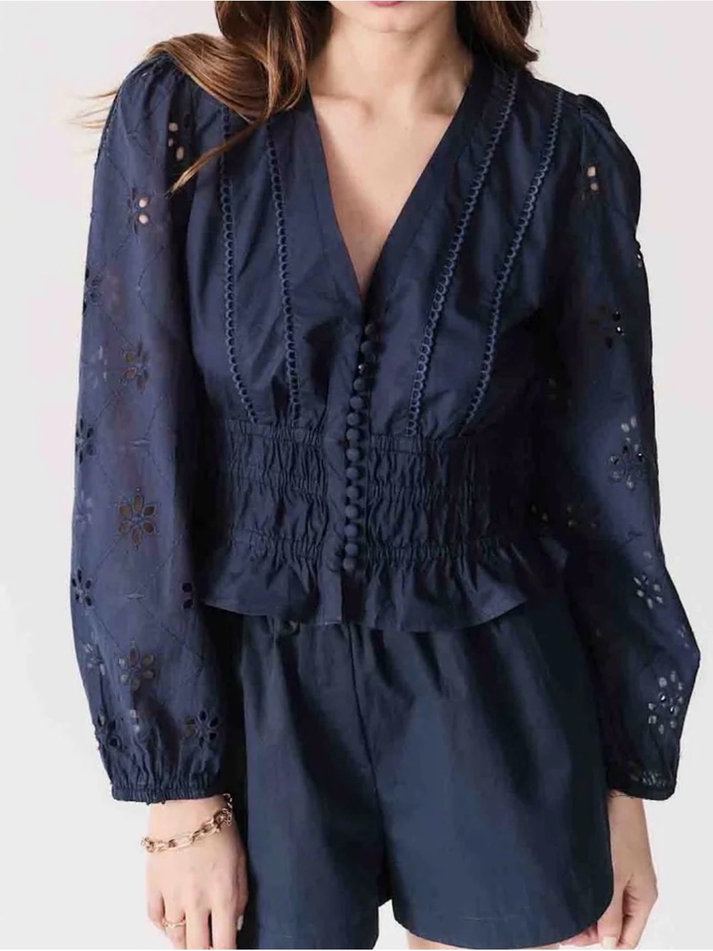 DELUC Oleiros Smocked Eyelet Blouse in Blue Marine Medium